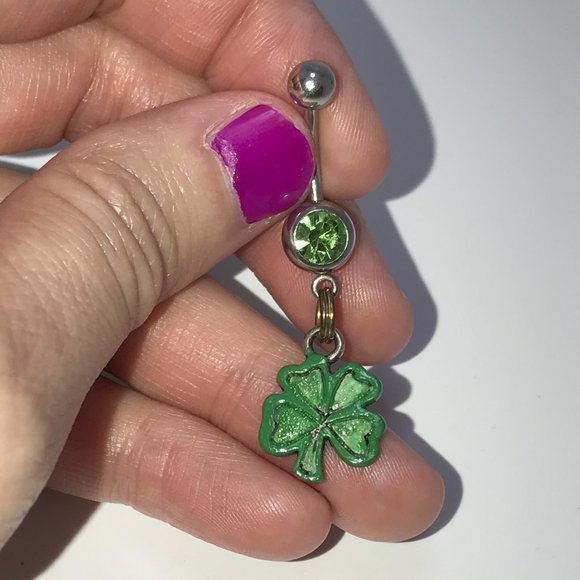 Four Leaf Clover Shamrock Dangle Belly Ring - Picture 2 of 3